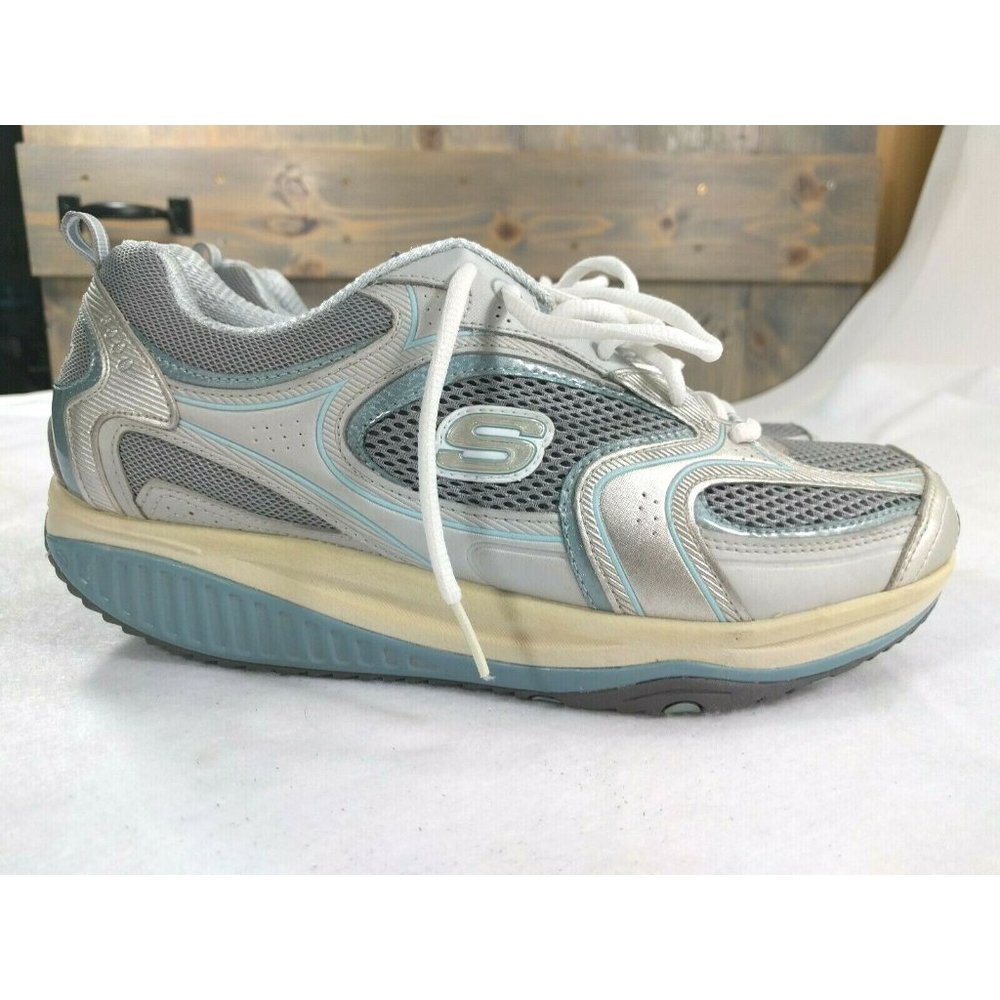 Skechers Shape-Ups 12320 XF Shoes Silver Blue Toning Walk Rocker Womens Size 10